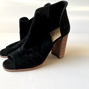 42 Gold Black Suede Heeled Peep Toe Ankle Booties Size 6